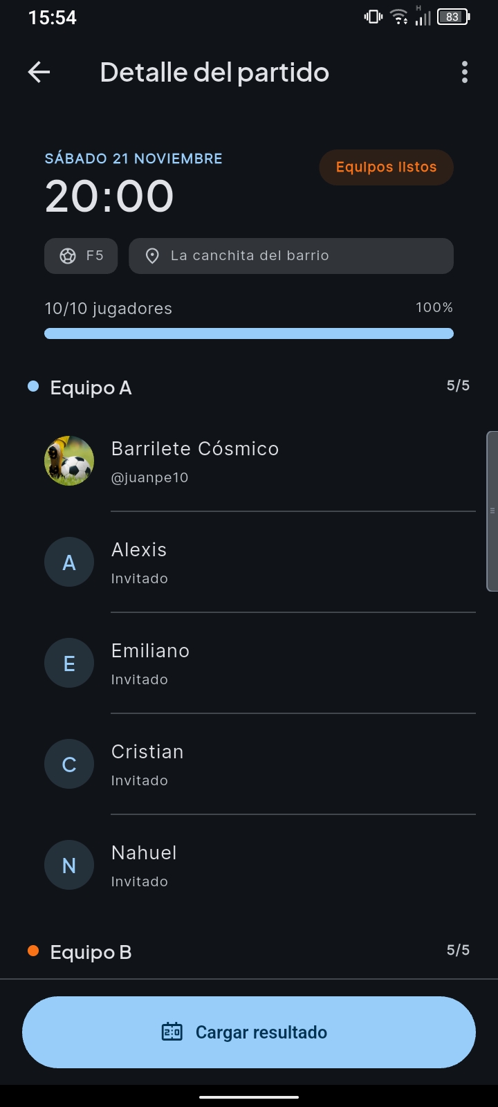 Detalle del partido con los dos equipos armados automáticamente: Equipo A y Equipo B con sus jugadores.